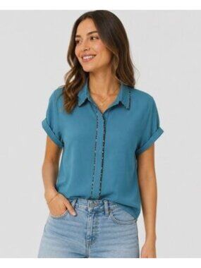 NWT Wildfang The Empower Piped Teal Blue Short Sleeve Button Front Shirt Top S